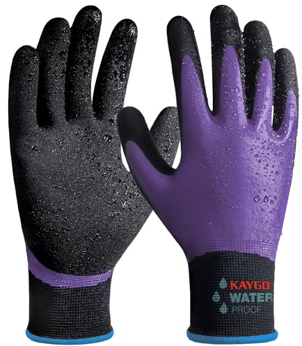KAYGO gants de travail imperméables pour hommes et femmes avec double revêtement en latex, antidérapante grip pour jardinage, lavage de voiture, nettoyage, KG150 (Violet, M, taille 8, 1 paire)