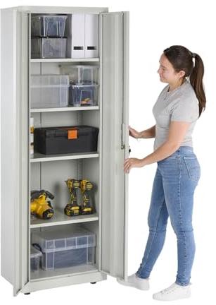 MMT Metal Storage Cabinet - 4 Shelf Slim Office Storage Cupboard, 60cm Wide x 40cm Deep x 180cm Tall, Locked Grey Metal Tool Cabinet for Garage or Utility Room - Grey