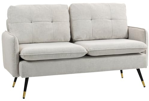 HOMCOM Divano 2 Posti in Tessuto Effetto Lino con Braccioli e Cuscini Imbottiti, Divanetto 2 Posti Moderno con Gambe in Acciaio, per Ufficio, Soggiorno, Salotto e Camera da Letto, 139x68x80 cm, Crema