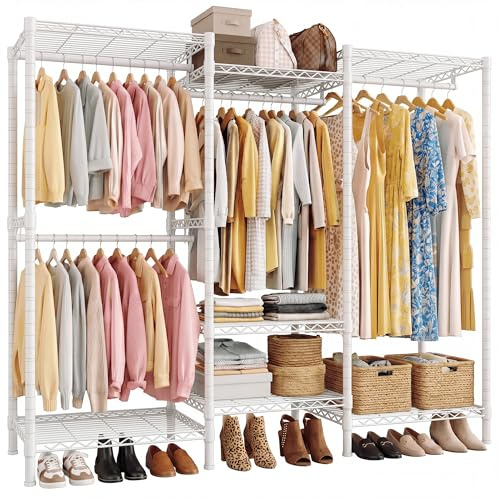 REIBII 380kg Strong Heavy Duty Clothes Rail, 194Hx175Wx40Dcm Freestanding Clothes Rail with 7 Sheves and 4 Adjustable Hanging Rods, Split-Type Design, 2-Mode Steel Clothes Rail for Bedroom White