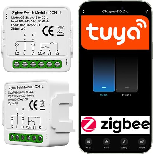 Sone Smart One ZigBee Unterputz Schalter 2-Kanal ohne Neutralleiter, Smart Relais Modul für Licht, kompatibel mit Tuya Smart Life, Home Assistant, Alexa & Google Home, inkl. LED-Kompensator