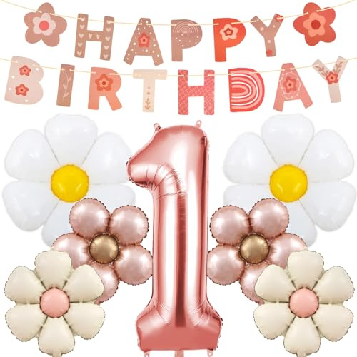 8 Pièces Décoration Anniversaire 1 ans Fille, Ballon 1ème Anniversaire, Ballon Aluminium Fleur Marguerite pour les Baby Showers, Deco Anniversaire 1 An pour Femme