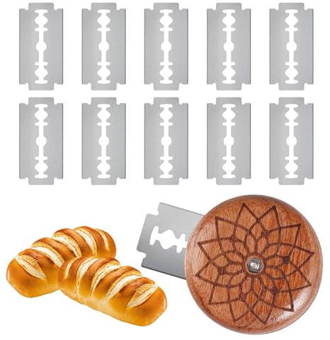Jyongrmy Cuchilla Panadero, Acero Inoxidable Cuchilla para Grabar Decorar Pan con 10 Hojas, Mango Redondo de Madera Cuchillo de Masa para Crear Diseños de Pan Caseros, Cortar Pasteles y Baguettes