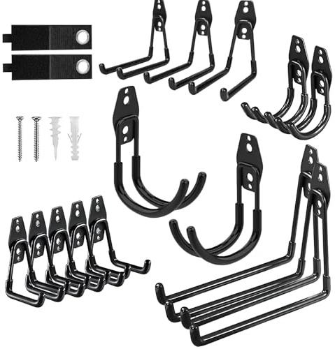 Huamirra Ganci da Parete per Garage, 14 Pezzi Gancio a J per Garage, Ganci per Garaage Robusti, Gancio Bici Muro per Biciclette, per Organizzare Biciclette, Scale, Sorde, Cavi(Nero)