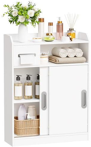 BEWISHOME Mobile da Bagno,Mobiletto Bagno Salvaspazio con Ante Scorrevoli,Maniglie Incassate,Portarotolo e Ripiani Regolabili,Accanto al Water,20x60x80 cm,Bianco EYYG16W