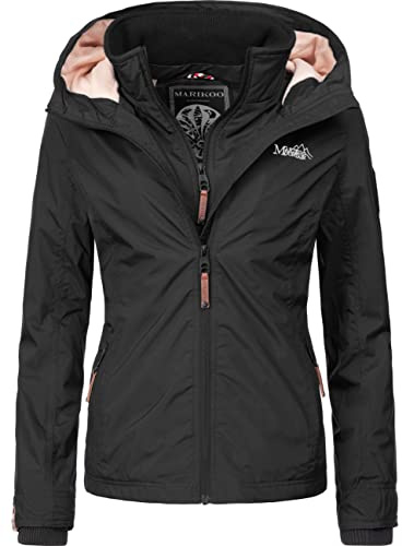 MARIKOO leicht gefütterte Damen Übergangsjacke kurze Sommerjacke mit kuscheligem Fleece-Innenfutter und großer Kapuze Erdbeere Schwarz Gr. M