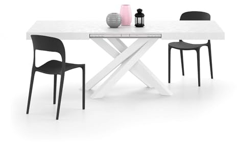 MOBILI FIVER, Table Extensible Emma 140(220) x90 cm, Blanc Béton avec Pieds Croisés Blancs, pour 6-10 Personnes, Table Extensible pour Cuisine, Salon, Made in Italy