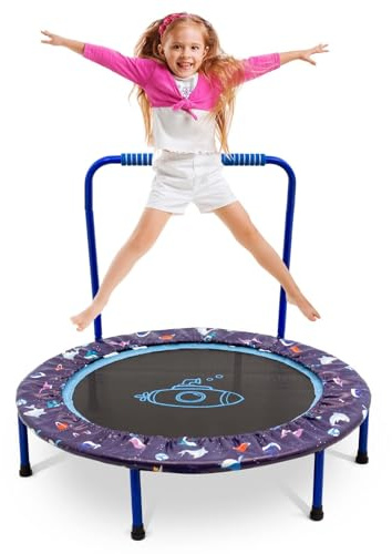 Trampolino per Bambini, ø96cm Mini Trampolino Pieghevole per Bambini con Manico Copertura Protettiva di Sicurezza Tappetino per Saltare per Interni (Blu)