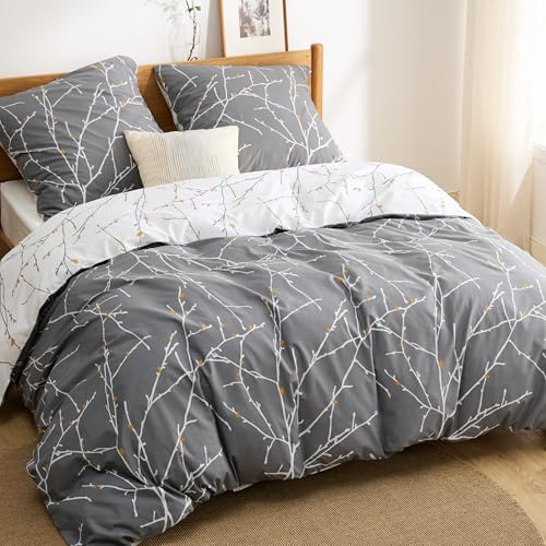 BEDSURE Bettwäsche 220x240 Baumwolle Grau - Bettwäsche-Sets 220 x 240 cm Bettbezug 3teilig mit 2 Kissenbezüge 80x80 cm, ÖKO-TEX Wendebettwäsche Bedding Zweige Muster mit Reißverschluss