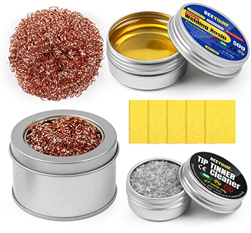 BEEYUIHF Soldering Tip Cleaning Kit Rosin Paste Flux and Soldering Tip Cleaner and 2 Pcs Brass Cleaning Wire and 1 Pcs Holder and 5Pieces Sponge for Cleaning Solder Iron and Tips