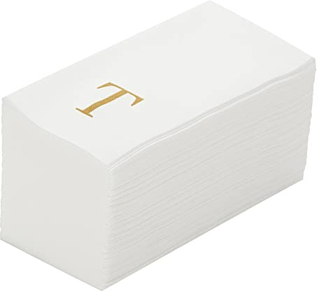 Luxenap 15.8 X 7.9 Inch Linen-Feel Guest Towels, 50 Lettered Hand Towels - Gold Letter 'T', Sans Serif Font, White Paper Dinner Napkins, airlaid, For Restrooms And Tables