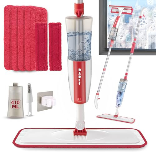 Fregona Mopa con Pulverizador,Spray Mop Mopas de Limpieza Suelos Fregona Microfibra,con 4 Almohadilla de Microfibra,1*Cepillo y 410ml Botella,para Suelo,Ventana,Azulejos,Madera Dura,Madera,Laminados