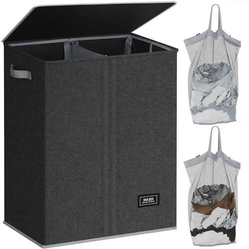 SOLEDI Double Laundry Hamper with Lid, 130L Clothes Hamper 2 Section, Laundry Basket with Removable bag, Bed room decor aesthetic, laundry room organization, Home and dorm room essentials