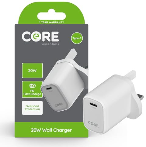 Core Essentials | USB C Wall Charger Plug | Fast Charging 20W PD | Smartphone & Device Charging Plug | 1-Year Warranty