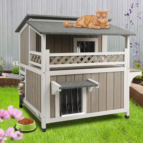 PetsCosset Large Outdoor Cat House Weatherproof with Balcony 2-Story Feral Cats Shelter Indoor Cat Condo with Escape Door & Openable Asphalt Roof