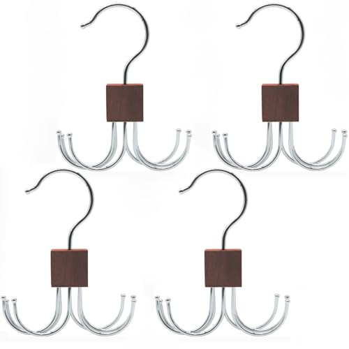 LMSAWK 4 Stücke 360 Grad drehbarer Gürtelhalter aus Metall, Holz Gürtelbügel, Platzsparend Gürtelhalter, für Socken, Gürtel, Handschuhe, 6 Haken, Retro Farbe