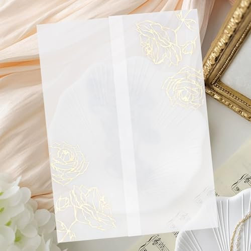 ZYNERY 70 Pack Pre-Folded Vellum Jackets for 5x7 Invitations Sleeves Vellum Wrap Paper Translucent Envelopes for Wedding Wraps Birthday Invitation (Gold Foil Rose)