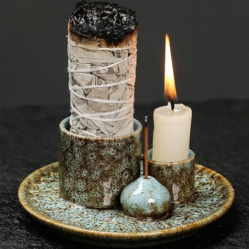 YOUSIS 4 in 1 Räucherstäbchenhalter, Palo Santo Halter, Salbeihalter zum Verbrennen, Räucherschale, Kerzenhalter für Meditation Yoga Raum (Blaue Fambe Blaze,Tropfen)