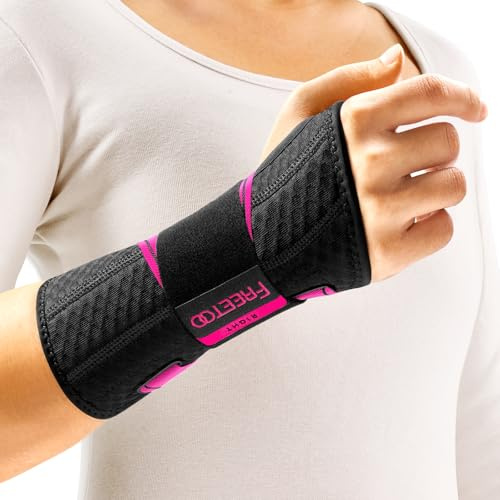 FREETOO Tutore Polso Destro Leggero per Tunnel Carpale, Polsiera Ortopedica Traspirante per Tendinite polso Adatto per Donna Uomo, Tutore Mano Regolabile per Distorsione, Trauma (Nero/Rosa, L/XL)