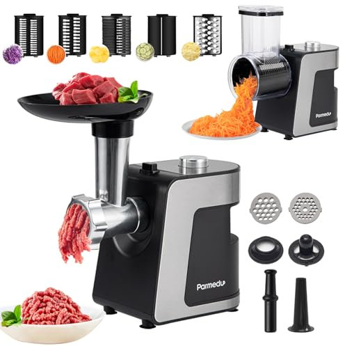 Parmedu Elektrischer Fleischwolf & Gemüsehobel & Käsereibe 2-in-1 Automatischer Multizerkleinerer Küchenreibe Mandoline Parmesanreibe Salatmaschine Wurstmaschine Wurstfüller Kibbeh Maker