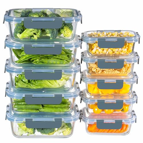 MFY 10 Pack Glass Containers with Lids, Reusable Meal Prep Containers, Airtight Glass Food Storage Containers with Lids, BPA-free, Microwave, Oven, Freezer and Dishwasher Safe, 1040ml & 400ml, Gray