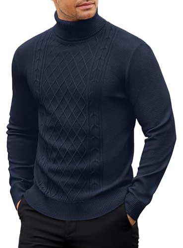 COOFANDY Jersey con Cuello Vuelto para Hombre Sueter de Punto Fino de Manga Larga Jersey Cuello Alto Sueter Básico de Corte Entallado Vestir Sweater Azul Marino XXL