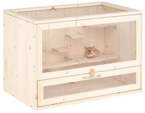 COSTWAY Wooden Hamster Cage, Transparent Small Animals Cages with Acrylic Window, Mesh Flip Roof, Exercise Play House for Syrian Hamsters Mouse Rats Rodent, 60 x 35 x 42cm