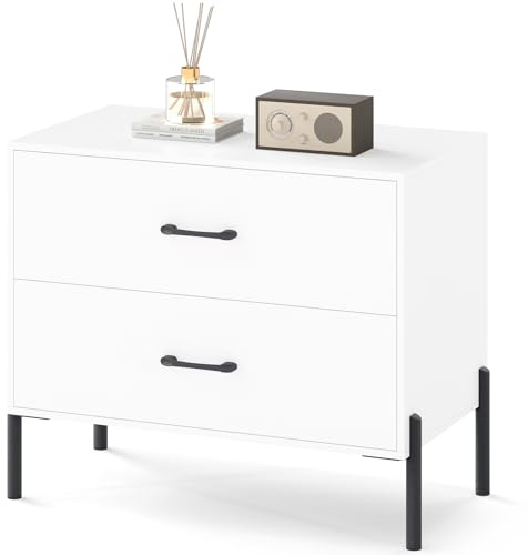 KOMFOTTEU Cómoda con 2/5 Cajones para Dormitorio, Cajonera de Madera con Patas de Metal, Armario de Almacenamiento para Salón, Oficina, Estudio, Blanco (con 2 cajones)