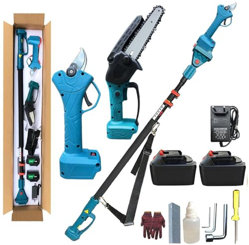 Oiyeknrd Motosierra eléctrica 4 en 1, Mini Motosierra inalámbrica de 8 Pulgadas con pértiga de extensión de 125-220 cm y 2 baterías, podadora de Ramas y Ramas.