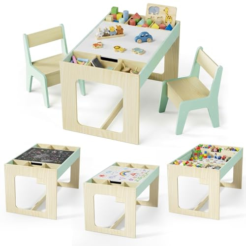 MAMIZO Set di Tavolo e Sedie per Bambini con lavagna e lavagna bianca,Tavolo con pannello reversibile,con 2PCS sedie,Scrivania per Bambini a partire dai 3 anni, Cameretta, Colore di Legno con Verde