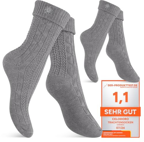 Celodoro Damen und Herren Trachten Socken (2 Paar) mit Edelweiß-Pin Oktoberfest Strümpfe - Grau 39-42