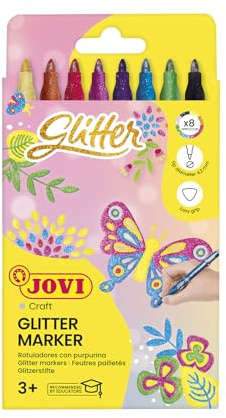 Jovi - GLITTER Pennor, Box med 8 pennor, Assorted Colors med glittereffekt, Mycket stark och resistent spets, Bläck gjord av matfärger (1608G)