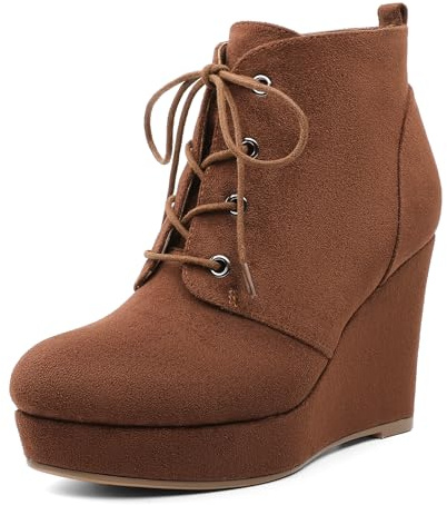 AUMOTED Women's Ankle Boots Wedge Platform Bootie Round Toe Lace up Boots Heels 4 Inch Shoes Suede Brown US Size 8.5