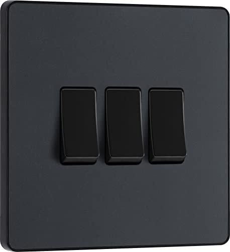 BG Electrical Triple Wall Light Switch, 2 Way, Screwless Front Plate, Round Edges, Evolve, Matt Grey, 20A, 16AX, PCDMG43B