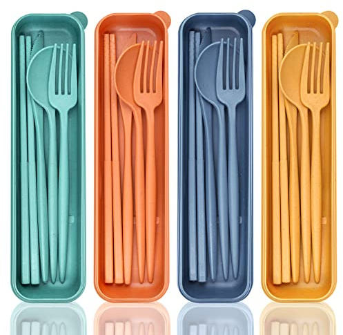 DISSKNIC Reusable Travel Utensils with Case, 4 Sets Wheat Straw Portable Cutlery Set Chopsticks Knives Fork and Spoon for Lunch Box Accessories, Camping Flatware Sets for Daily Use or Outdoor