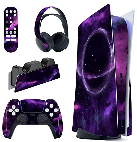 playvital Purple Deep Space Full Set Skin Decal for ps5 Console Disc Edition, Sticker Vinyl Decal Cover for ps5 Controller & Charging Station & Headset & Media Remote