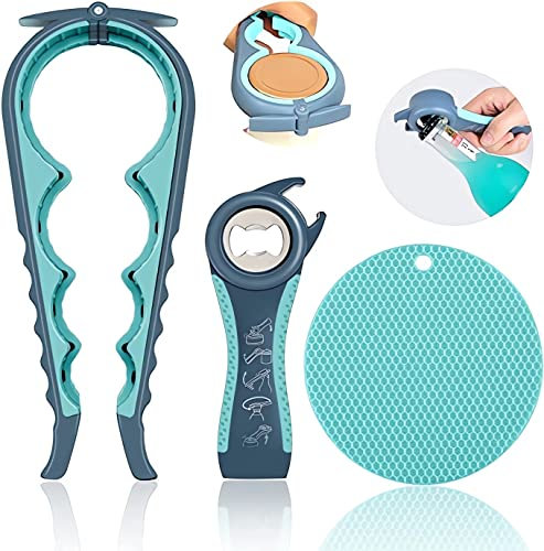 GUOMIS Set Di 3 Apribottiglie, 5 In 1 E 4 In 1, Apribottiglie In Vetro Multifunzionale, Facile Da Usare Per Bambini, Anziani E Persone Artritiche, Aiuto Di Presa In Silicone (Blu)