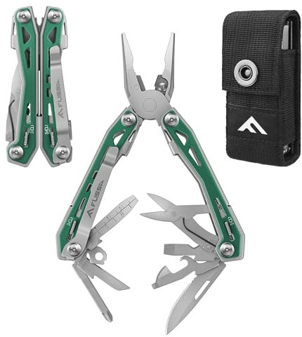 FLISSA Multifunktionszange 16-in-1, Faltbare Multitool Werkzeug Edelstahl Multifunktionswerkzeug mit Messer, Schere, Feile, Flaschenöffner für Camping, Outdoor, Reparieren, mit Tragtasche, Mattgrün