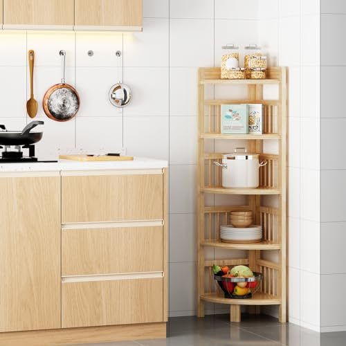 Dripex Eckregal stehend, Badezimmerregal, Bücherregale Bambus, Standregal mit 5 Ablagen, 110x30x30cm, Platzsparend, Klein Lagerregal für Badezimmer, Wohnzimmer, Schlafzimmer, Küche, Balkon
