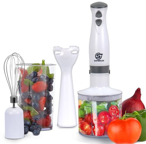 SUPERLEX 4-in-1 Elektrische Stabmixer Set, 2 Geschwindigkeitsstufen Turbotaste Pürierstab 700Watt, Edelstahl Blender, für Babynahrung, Suppe, Püree, Weiß