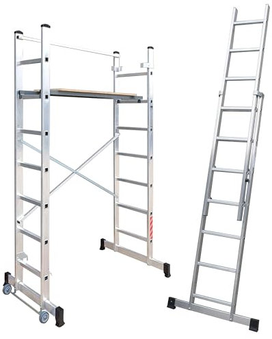 BTF Andamio Multifunción 4 en 1 en Aluminio | Convertible en Escalera Plegable, de Apoyo, Extensión y Plataforma Regulable en Altura, Capacidad 150kg, Ruedas y Barandilla. Ref: BTF-A1009027