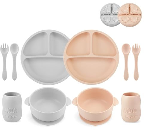 PandaEar Silikon Baby Geschirr Set mit Saugnapf| 2 Unterteilte Kinderteller + 2 Saugnäpfe Baby Breischale + 2 Baby Trinkbecher mit 2 Babylöffel 2 Gabel| Kindergeschirr Set, Baby Essen Set (Rosa Grau)
