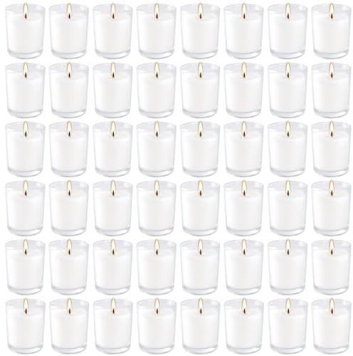 YOROXRG 48 Pack White Unscented Clear Glass Filled Votive Candles. Hand Poured Wax Candle Ideal Gifts for Home Décor Parties Weddings Holidays and Meditation (White)