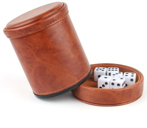 RERIVER Brown PU Leather Dice Cup with Lid, Velvet Interior Quiet Dice Shaker Cup with 6 Dice for Liars Dice/Farkle/Yahtzee Games, 1 Pack