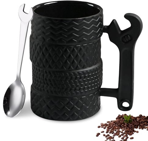 BORDEAG Radreifen Kaffeebecher, 450 ML Keramikbecher Mit Löffel, Keramik Mit Löffel Reifentasse, Keramikrad Keramiktasse In Reifenform Trinkbecher Für Zuhause, Büro, Auto, Geschenk