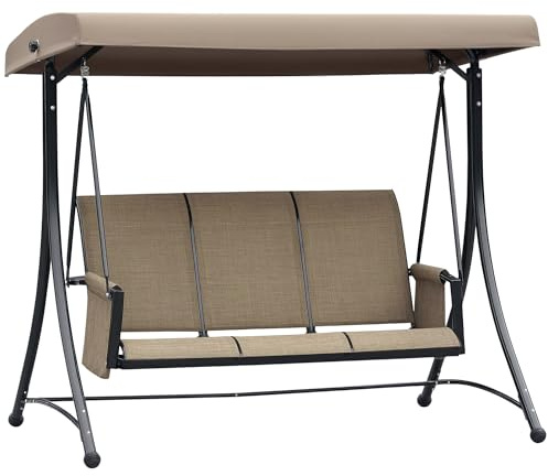 Outsunny Hollywoodschaukel mit Seitentasche, 3-Sitzer Gartenschaukel mit verstellbarem Sonnendach, Schaukelbank belast bis 300kg, für Garten, Terrasse, 196 x 128 x 172 cm, Braun