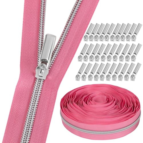 GUBOCA 9 m dragkedja, sydd oändlig dragkedja med dragkedja, med 30 stycken dragkedjor, tillbehör för väskdekoration (silver, rosa)