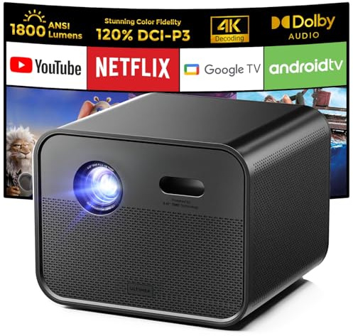 ULTIMEA Proiettore 4K DLP,1800 ANSI,WiFi,Messa a Fuoco Automatica,3D Attivo,120% DCI-P3,Proiettore 4K Smart TV,Videoproiettore per Home Theater da 300'',Poseidon E100