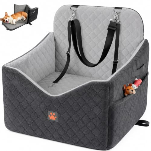 Dog Car Seats for Small/Medium Dogs, Puppy Car Seat with Side Opening, Thick Cushion, Detachable Washable Dog Carseat with Storage Pockets for Dogs Up to 35lbs (Grey)