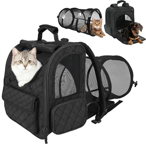 Cat Backpack Carrier with Detachable Round Play Tunnel, 2 in 1 Expandable Cat Backpack with Breathable Mesh,Cat Carrying Backpack for Cat 17lbs & Small Dog 13lbs,Black.